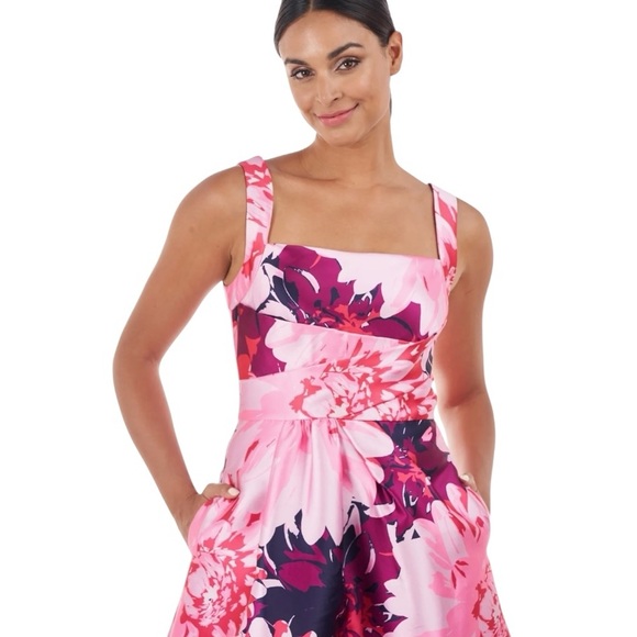 Kay Unger Marie Pink Floral Tea Length Dress 12 A-Line Square Neck Wedding Gues - Picture 2 of 10